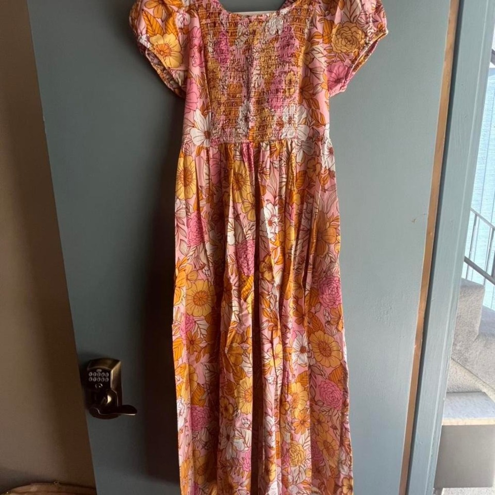 Kachel Floral Cotton Midi Dress Size M Pink Orange Smocked Puff Sleeve